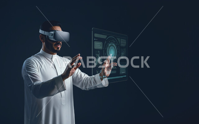 Fantasy world simulation, integration and interaction with virtual reality, portrait of a young Saudi Arabian Gulf man wearing traditional dress, putting on VR glasses and clicking on a 3D holographic screen, black background