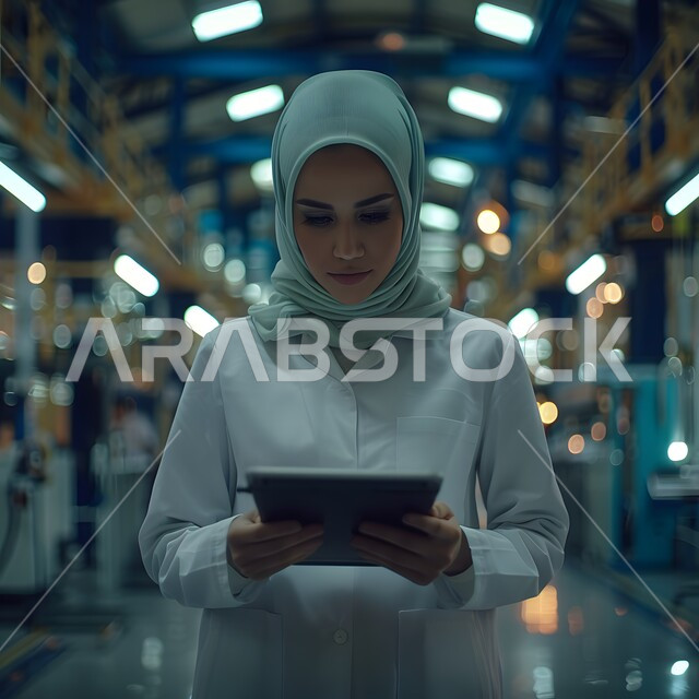 أداء العمل بدقة واتقان, استخدام الأجهزة والتقنيات الحديثة والمتطورة، التطبيقات التقنية للأجهزة اللوحية، وظائف ومهن نسائية, إمرأة عربية خليجية سعودية محجبة  تمسك بيدها جهاز التابليت 