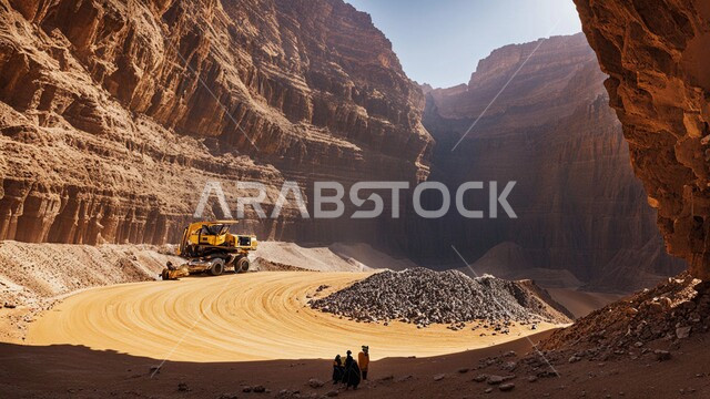  مفهوم الهندسة والبناء والتطوير, التطور والتحديث وإعادة الإعمار للمنشآت والمباني في المملكة العربية السعودية, آلات ومعدات ثقيلة, جرافة تعمل على رفع وتعبئة الرمال والحصى، مهن ووظائف هندسية