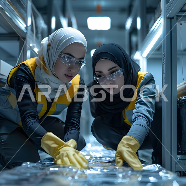 شبكة تخزين البيانات، غرفة التحكم بالسيرفرات وخوادم الانترنت، حظيرة الخوادم والبيانات وتخزينها، التطور الرقمي وتكنولوجيا المستقبل، مفهوم التحول الرقمي، امراتان عربيتان خليجيتان سعوديتان محجبتان تقومان بالعمل في مركز الداتا سنتر