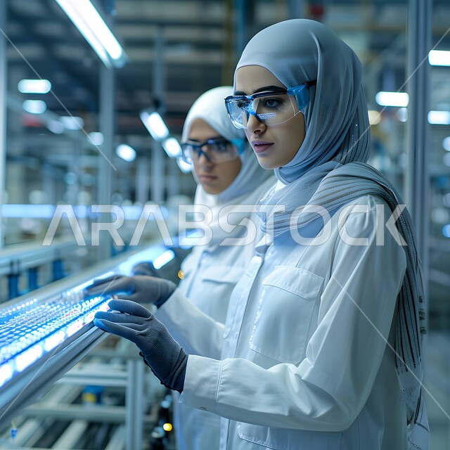 معمل الصناعات الدوائية، استعمال الأنابيب الزجاجية المعقمة لتحليل العينات المختلفة، مختبرات الفحوصات الطبية والتحاليل الكيمائية، امراتان عربيتان خليجيتان سعوديتان ترتدي نظارات الحماية والمعطف الطبي تقومان بإجراء التجارب والبحوث العلمية عبر التكنولوجيا الحيوية