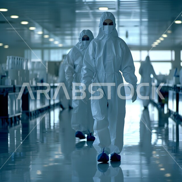 معمل الصناعات الكيميائية والدوائية، مجموعة من المخبريين العرب الخليجيين السعوديين يرتدون الاقنعة الواقية يقومون بإجراء التجارب والبحوث العلمية الحيوية، مختبرات الفحوصات الطبية والتحاليل الكيمائية، استعمال الأنابيب الزجاجية المعقمة لتحليل العينات المختلفة
