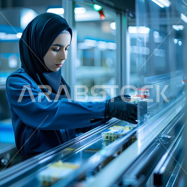 مفهوم البحث والتطوير العلمي في مجال الطب والكيمياء، مختبرات الفحوصات الطبية والتحاليل الكيمائية، إجراء تجارب وبحوث علمية عبر التكنولوجيا الحيوية، صورة مقربة لامرأة عربية خليجية سعودية محجبة تقوم بالعمل في المخبر 