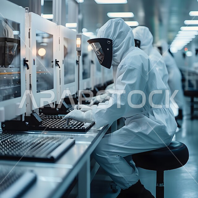 Chemical and pharmaceutical industries laboratory, a group of Saudi Arabian Gulf laboratory workers wearing protective masks conducting experiments and vital scientific research, medical examination and chemical analysis laboratories, using sterile glass tubes to analyze different samples