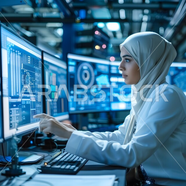 تدوين وتسجيل معلومات وملفات المرضى عبر الحاسب المحمول, دمج التقنية الحديثة في مجال العمل الطبي, طبيبة عربية خليجية سعودية ترتدي المعطف الطبي الأبيض وسماعة الفحص, تقديم الخدمات العلاجية في المراكز الطبية والمستشفيات السعودية