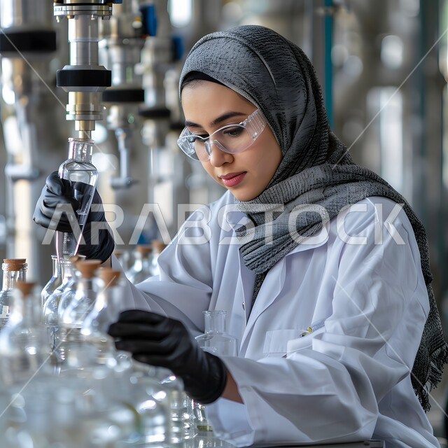 علم العقاقير والصناعات الدوائية الحيوية في السعودية، استخدام الماصة والأنابيب المعقمة لتحليل العينات المختلفة، مختبرات الفحوصات الطبية والتحاليل الكيمائية، مخبرية عربية خليجية سعودية محجبة ترتدي المعطف تقوم بإجراء التجارب والبحوث العلمية في المختبر
