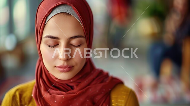  الانزعاج لسماع الأخبار السيئة، مفهوم الأنوثة والنعومة، الاهتمام بالمظهر الخارجي، أزياء محجبات عصرية وأنيقة، صورة مقربة لإمرأة عربية سعودية خليجية محجبة تغمض عينيها بايماءات الحزن، الشعور بالقهر والخذلان