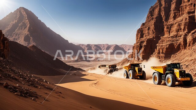جرافات و شاحنات تعمل على رفع وتعبئة الرمال والحصى, مفهوم الهندسة والبناء والتطوير, التطور والتحديث وإعادة الإعمار للمنشآت والمباني في المملكة العربية السعودية, آلات ومعدات ثقيلة، مهن ووظائف هندسية