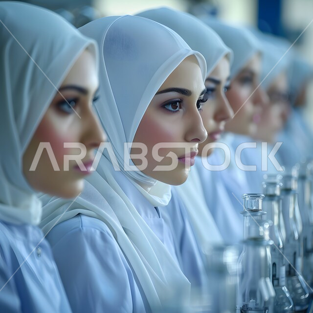 البحث والتطور والقيام باختبارات علمية, إجراء التجارب الكيميائية في المختبر باستخدام أنابيب الاختبار, الجلوس في معمل الكيمياء, صورة مقربة لمجموعة من الطلاب العرب الخليجيين السعوديين في المخبر يقومون بفحص العينات باستخدام المجهر