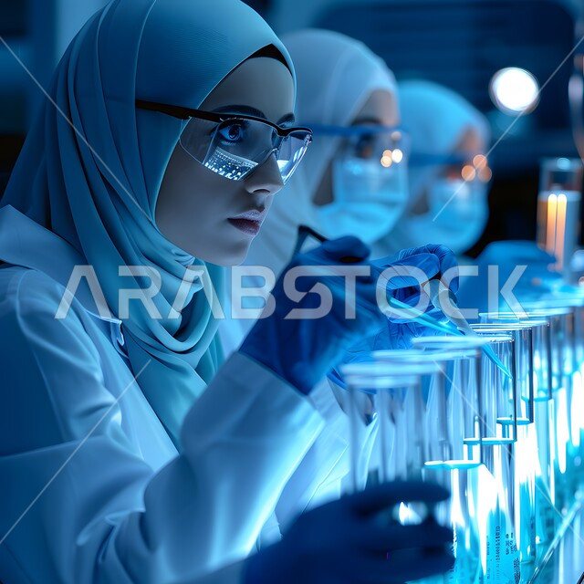 مختبرات الفحوصات الطبية والتحاليل الكيمائية، مخبريات يرتدون المعطف الطبي يقومون بإجراء التجارب والبحوث العلمية عبر التكنولوجيا الحيوية، استعمال الأنابيب الزجاجية المعقمة لتحليل العينات المختلفة، معمل الصناعات الدوائية