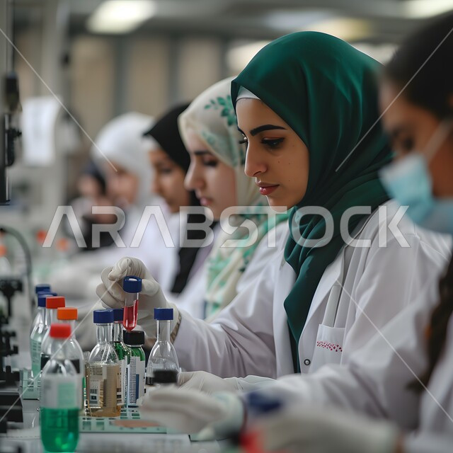 مختبرات الفحوصات الطبية والتحاليل الكيمائية، مخبريات يرتدون المعطف الطبي يقومون بإجراء التجارب والبحوث العلمية عبر التكنولوجيا الحيوية، استعمال الأنابيب الزجاجية المعقمة لتحليل العينات المختلفة، معمل الصناعات الدوائية