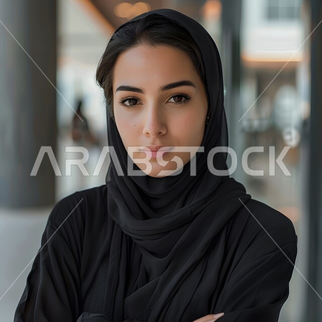 ملابس محجبات عصرية راقية، مفهوم الأنوثة والنعومة، الاهتمام بالمظهر الخارجي والأناقة، صورة مقربة لامرأة عربية خليجية سعودية محجبة  تنظر إلى الكاميرا بايماءات الثقة بالنفس