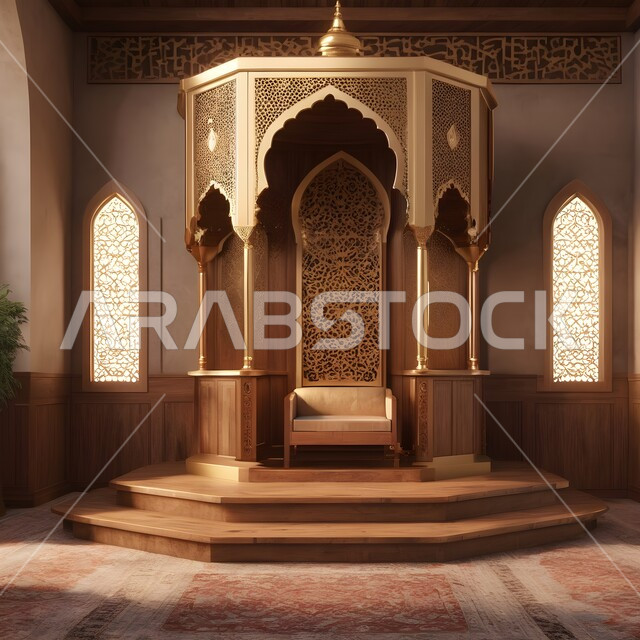 Performing obligatory prayers and prayers, integrating civilization with authenticity, Islamic decorations and inscriptions in one of the mosques in the Kingdom of Saudi Arabia, distinctive interior decoration in the Islamic style, the concept of worship and getting closer to God.