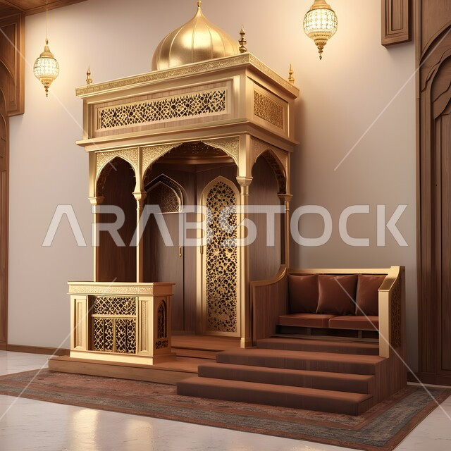 Performing obligatory prayers and prayers, integrating civilization with authenticity, Islamic decorations and inscriptions in one of the mosques in the Kingdom of Saudi Arabia, distinctive interior decoration in the Islamic style, the concept of worship and getting closer to God.