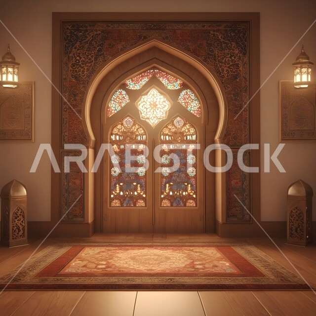 Performing obligatory prayers and prayers, integrating civilization with authenticity, Islamic decorations and inscriptions in one of the mosques in the Kingdom of Saudi Arabia, distinctive interior decoration in the Islamic style, the concept of worship and getting closer to God.