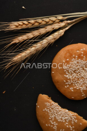 صورة مقربة لمجموعة من نباتات القمح ، وبسكويت القمح الهشة والمقرمشة على خلفية سوداء