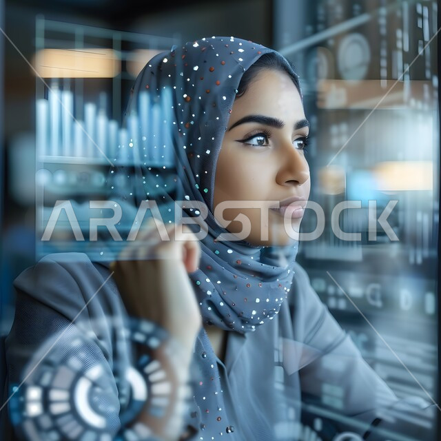 الكتولوجيا وتحقيق الثورة الصناعية, النمو التكنولوجي والتطور الالكتروني, الشاشات الحديثة والاختراعات المتطورة, صورة مقربة من الجانب لإمرأة عربية خليجية سعودية محجبة تنظر الى الشاشة الرقمية, رؤية السعودية 2023, ايقونات هولوجرامية ثلاثية الابعاد