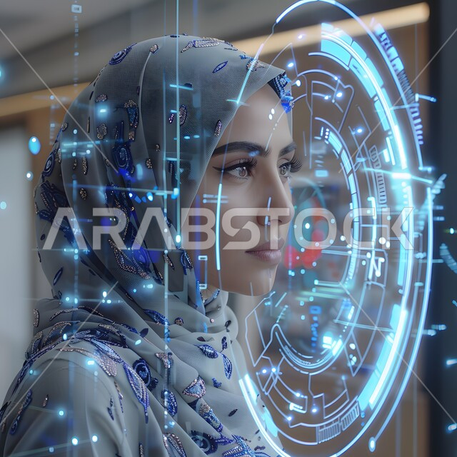 الكتولوجيا وتحقيق الثورة الصناعية, النمو التكنولوجي والتطور الالكتروني, الشاشات الحديثة والاختراعات المتطورة, صورة مقربة من الجانب لإمرأة عربية خليجية سعودية محجبة تنظر الى الشاشة الرقمية, رؤية السعودية 2023, ايقونات هولوجرامية ثلاثية الابعاد