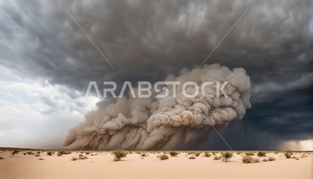 Storms and raging winds in the Arabian deserts, desert environment in the Kingdom, sunset scene on the golden sands with the arrival of the dust storm, formation of sand dunes in the desert