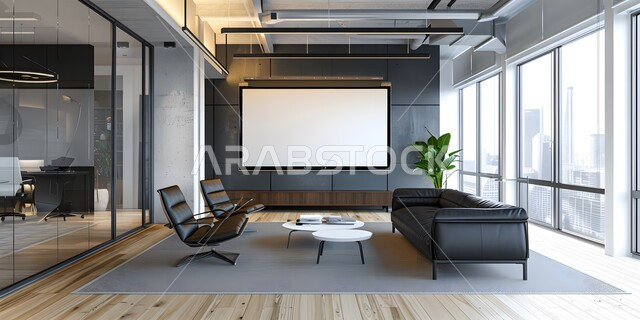 غرف مكتبية بتصاميم داخلية و ديكورات حديثة راقية, تصميم عصري و فاخر لمكاتب الشركات في المملكة العربية السعودية, غرفة الأعمال الواسعة المجهزة بالمعدات و الأدوات