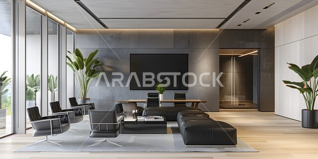 تصميم عصري و فاخر لمكاتب الشركات في المملكة العربية السعودية، غرفة الأعمال الواسعة المجهزة بالمعدات و الأدوات، غرف مكتبية بتصاميم داخلية و ديكورات حديثة راقية