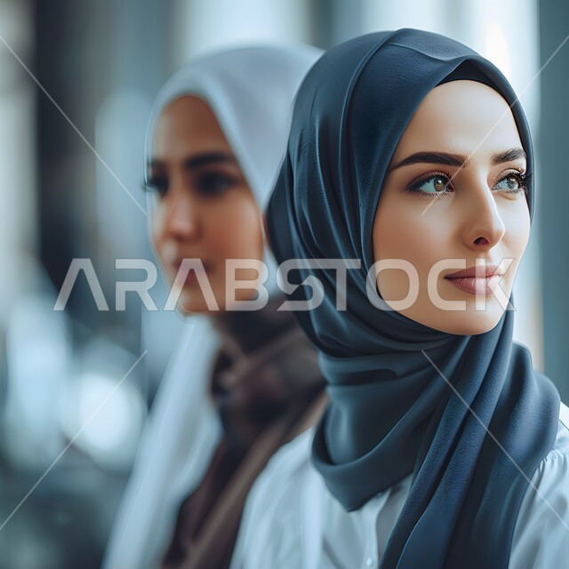 مفهوم الأنوثة والنعومة، الاهتمام بالمظهر الخارجي والأناقة، النظر إلى مكان ما بايماءات الثقة بالنفس، صورة مقربة لامرأة عربية خليجية سعودية محجبة مبتسمة، ملابس محجبات عصرية راقية