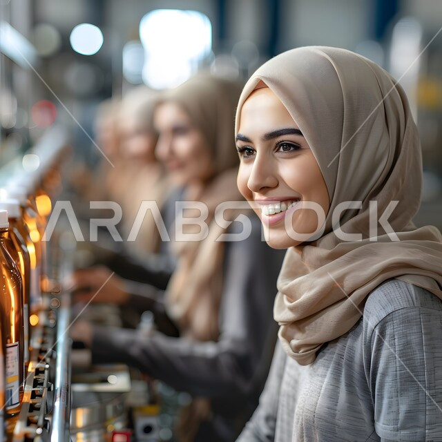 مفهوم الأنوثة والنعومة، الاهتمام بالمظهر الخارجي والأناقة، النظر إلى مكان ما بايماءات الثقة بالنفس، صورة مقربة لامرأة عربية خليجية سعودية محجبة مبتسمة، ملابس محجبات عصرية راقية