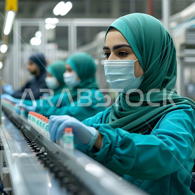معمل الصناعات الدوائية، مختبرات الفحوصات الطبية والتحاليل الكيمائية، استخدام الأنابيب الزجاجية المعقمة لتحليل العينات المختلفة، صورة مقربة لمخبرية محجبة ترتدي القفازات والمعطف الطبي، إجراء تجارب وبحوث علمية عبر التكنولوجيا الحيوية