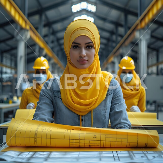 تقدم وتطور السعودية على يد أبناء الوطن,  مهندسة عربية خليجية مبتسمة محجبة  تمسك مخطط الإعمار, الهندسة والانشاءات المعمارية, الاهتمام بشؤون العمل, تدقيق مخطط الإنشاء