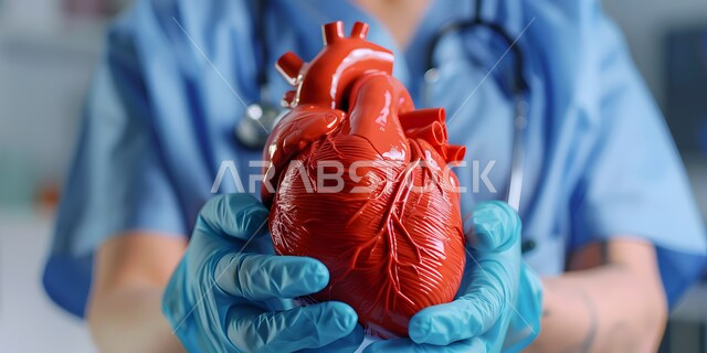 تقديم خدمات الرعاية الصحية, العمل في القطاع الطبي, علاج الأمراض القلبية والشرايين, صورة مقربة ليدي طبيب عربي خليجي سعودي يرتدي الزي الطبي يحمل بيديه مجسم لقلب الإنسان