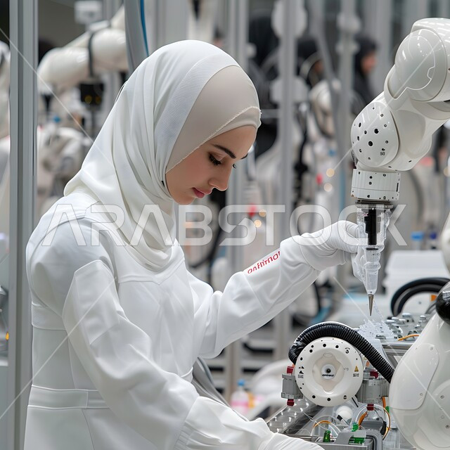 العمل على برمجة الروبوتات الذكية، مختبر للابتكارات التكنولوجية المستقبلية، تطور التقنيات الحديثة في المملكة, عالمة عربية خليجية سعودية محجبة  تعمل في مجال البحث والتطوير الالكتروني، تقدم مراكز الأبحاث العلمية في السعودية
