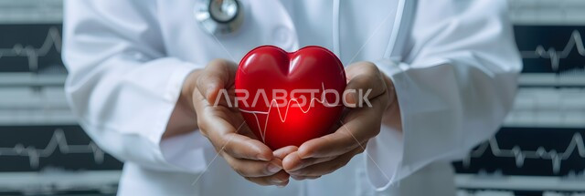 علاج الامراض القلبية و الشرايين, تطور التكنولوجيا في المجال العلمي, التقدم الرقمي التكنولوجي في الطب، صورة مقربة ليدين طبيب عربي خليجي سعودي يرتدي المعطف الطبي يحمل على كفيه أيقونة قلب هولوجرامية ثلاثية الأبعاد