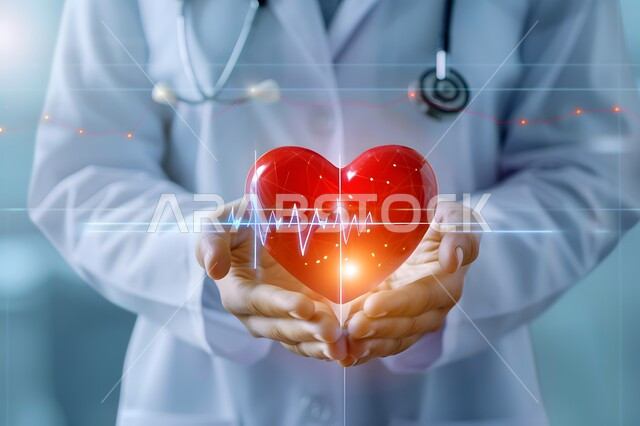 علاج الامراض القلبية و الشرايين, تطور التكنولوجيا في المجال العلمي, التقدم الرقمي التكنولوجي في الطب، صورة مقربة ليدين طبيب عربي خليجي سعودي يرتدي المعطف الطبي يحمل على كفيه أيقونة قلب هولوجرامية ثلاثية الأبعاد