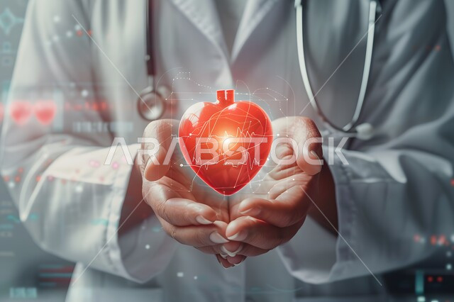 تطور التكنولوجيا في المجال العلمي, علاج الامراض القلبية و الشرايين, التقدم الرقمي التكنولوجي في الطب، صورة مقربة ليدين طبيب عربي خليجي سعودي يرتدي المعطف الطبي يحمل على كفيه أيقونة قلب هولوجرامية ثلاثية الأبعاد