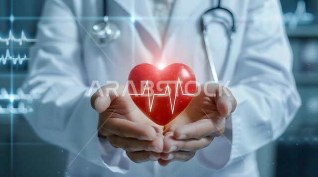 التقدم الرقمي التكنولوجي في الطب، تطور التكنولوجيا في المجال العلمي, علاج الامراض القلبية و الشرايين, صورة مقربة ليدين طبيب عربي خليجي سعودي يرتدي المعطف الطبي يحمل على كفيه أيقونة قلب هولوجرامية ثلاثية الأبعاد