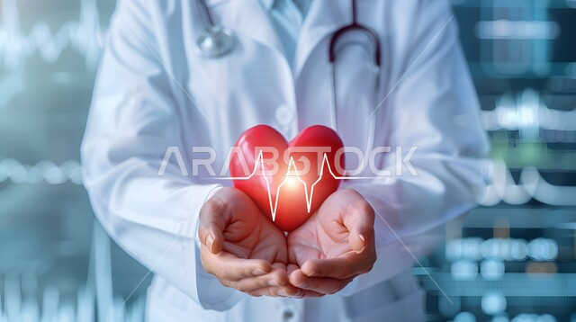 علاج الامراض القلبية و الشرايين, تطور التكنولوجيا في المجال العلمي, التقدم الرقمي التكنولوجي في الطب، صورة مقربة ليدين طبيب عربي خليجي سعودي يرتدي المعطف الطبي يحمل على كفيه أيقونة قلب هولوجرامية ثلاثية الأبعاد