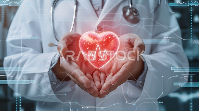 التقدم الرقمي التكنولوجي في الطب، تطور التكنولوجيا في المجال العلمي, علاج الامراض القلبية و الشرايين, صورة مقربة ليدين طبيب عربي خليجي سعودي يرتدي المعطف الطبي يحمل على كفيه أيقونة قلب هولوجرامية ثلاثية الأبعاد