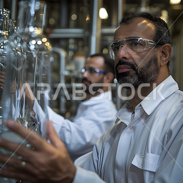 تطور التكنولوجيا الحيوية في المختبرات العلمية في المملكة العربية السعودية، أجهزة الفحص الدقيقة للمواد الكيمائية, الطب والرعاية الصحيه,  صورة مقربة لطبيبان عربيان خليجيان سعوديان يقومان بوضع الانابيب الزجاجية في مركز الأبحاث الطبية المتطور
