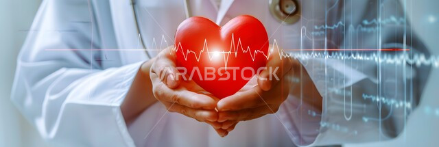 علاج الامراض القلبية و الشرايين, تطور التكنولوجيا في المجال العلمي, التقدم الرقمي التكنولوجي في الطب، صورة مقربة ليدين طبيب عربي خليجي سعودي يرتدي المعطف الطبي يحمل على كفيه أيقونة قلب هولوجرامية ثلاثية الأبعاد