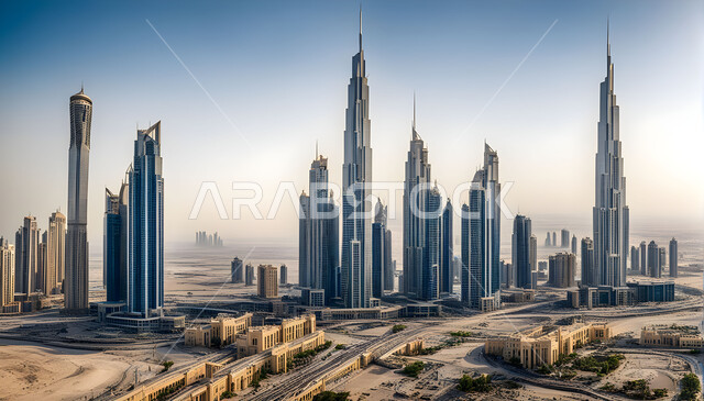 منظر تخيلي مستقبلي للابراج, أعمال البناء والمقاولات والتطوير العقاري، إنشاء الأساسات والهياكل للمشاريع السكنية والمصانع، التطور المعماري والثقافي في المملكة العربية السعودية، مفهوم تحسين البنية التحتية للبلاد