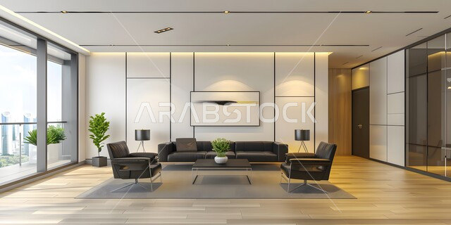 غرف مكتبية بتصاميم داخلية و ديكورات حديثة راقية, تصميم عصري و فاخر لمكاتب الشركات في المملكة العربية السعودية, غرفة الأعمال الواسعة المجهزة بالمعدات و الأدوات