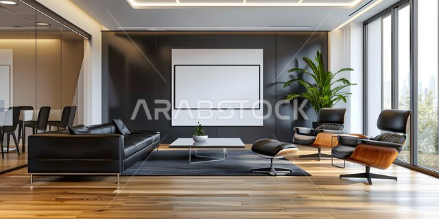 Spacious business room equipped with equipment and tools, office rooms with modern and elegant interior designs and decorations, modern and luxurious design for corporate offices in the Kingdom of Saudi Arabia