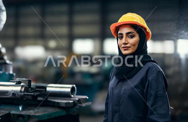 العمل في القطاع الهندسي, النظر إلى الكاميرا بإيماءات السعادة و السرور, مهن و وظائف هندسية في السعودية, مهندسة عربية خليجية سعودية مبتسمة محجبة ترتدي خوذة الحماية تقف داخل المصنع