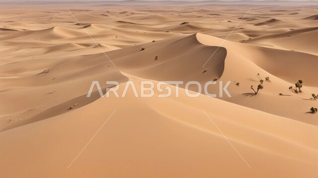  Dry and harsh weather in arid lands, soft golden sand and dunes in the desert of Saudi Arabia, sandy environment during daytime, plateaus and hills in desert landscapes, nature background