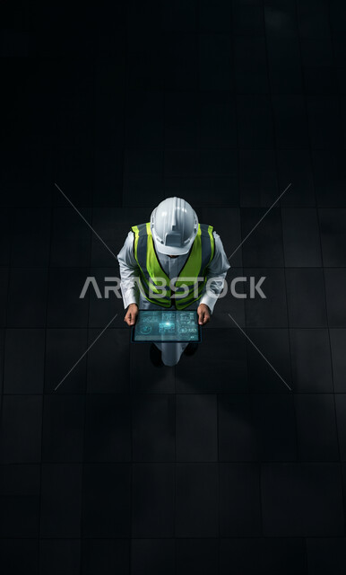 Integrating modern technologies with engineering work, working in the engineering sector, professions and jobs in Saudi Arabia, vertical top portrait of a Saudi Arabian Gulf engineer wearing a protective jacket and helmet holding a tablet in his hands, black background