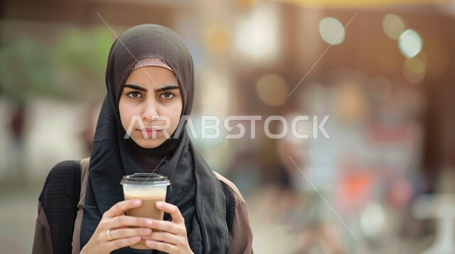 النظر الى الكاميرا بإيماءات السرور، مفهوم الاهتمام بالمظهر الخارجي، منتجات محلية وطنية سعودية، صورة مقربة لامراة عربيه خليجية سعودية مبتسمة محجبة ترتدي العباءة تحمل بيدها كوب من القهوة، الاستمتاع في تناول المشروبات الساخنه الشهيه