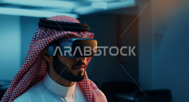محاكاة العالم الخيالي, ارتداء نظارات الواقع الافتراضي, استخدام الأجهزة التقنية الحديثة, صورة مقربة لرجل عربي خليجي سعودي يرتدي الثوب التقليدي و الشماغ يضع نظارة الفي ار ثلاثية الأبعاد
