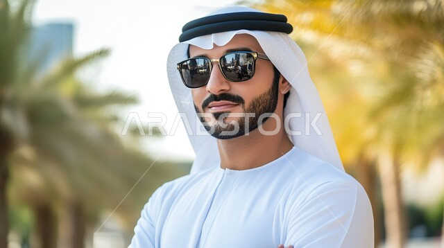 مفهوم  الأناقة والرجولة، صورة مقربة لرجل أعمال عربي سعودي خليجي يرتدي الغترة والكندورة يضع نظارات شمسية، الوقوف باستقامة والنظر الى الكاميرا بايماءات الثقة بالنفس، الاعتناء والاهتمام بالمظهر الخارجي، التقاط صور شخصية للوثائق الرسمية