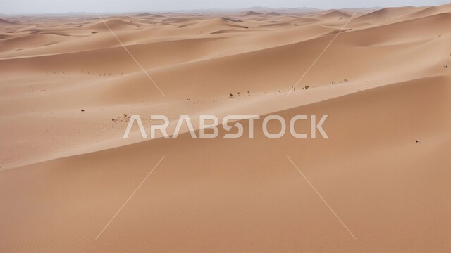 الجو الجاف والقاسي في الأراضي القاحلة، الرمال الذهبية الناعمة والكثبان في صحراء المملكة العربية السعودية, البيئة الرملية في وقت النهار، الهضاب والتلال في المناطق الطبيعية الصحراوية، خلفية الطبيعه