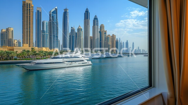 منظر تخيلي مستقبلي للتقدم والنمو العمراني, المباني والمنشآت التجارية الشاهقة في المملكة العربية السعودية المطلة على السواحل, رؤية مستقبلية 2030, الفن الهندسي المعماري للأبراج وناطحات السحاب, بناء مستقبل حضاري ومتطور 